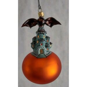 Hand Blown Glass Ornament "Bat Castle" - Hand Painted in Poland - Halloween